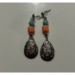 Vintage 1995 Avon Western Style Earrings Silver Tone Faux Turquoise Coral Bead